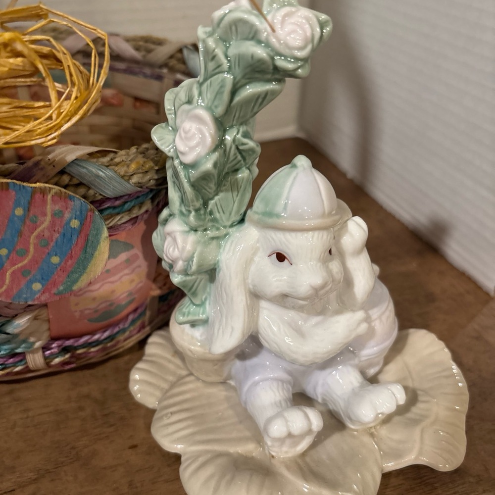 Ceramic Bunny Figurine with Green and Cream Accents